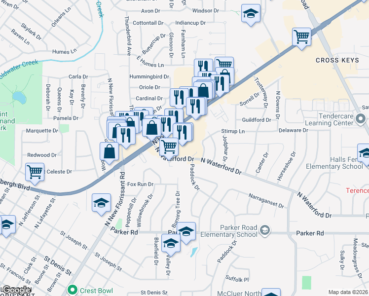map of restaurants, bars, coffee shops, grocery stores, and more near 2200 North Highway 67 in Florissant