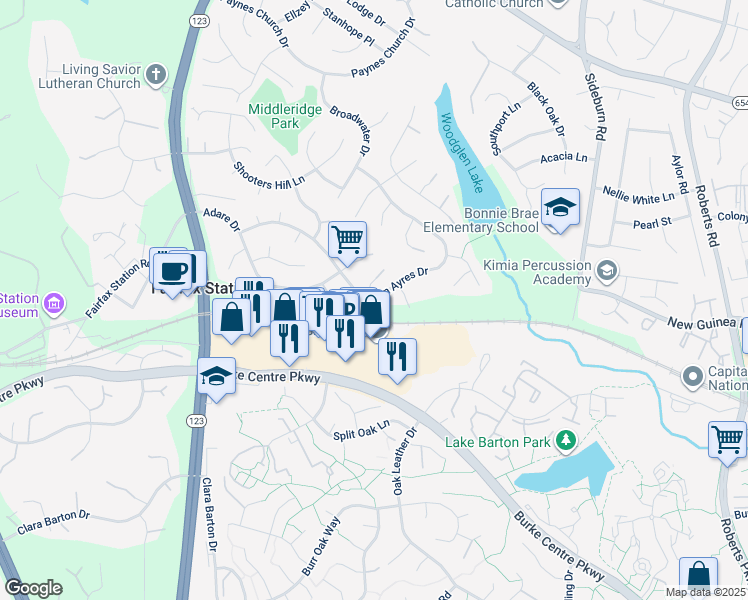 map of restaurants, bars, coffee shops, grocery stores, and more near 10634 John Ayres Drive in Fairfax