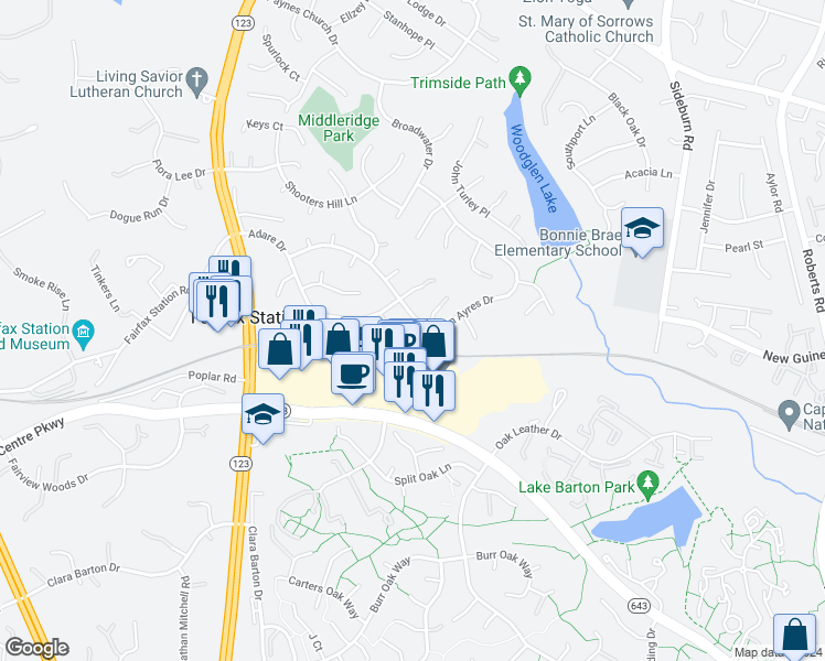 map of restaurants, bars, coffee shops, grocery stores, and more near 10628 John Ayres Drive in Fairfax