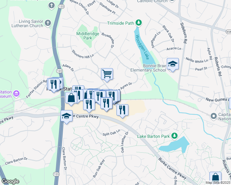 map of restaurants, bars, coffee shops, grocery stores, and more near 10634 John Ayres Drive in Fairfax