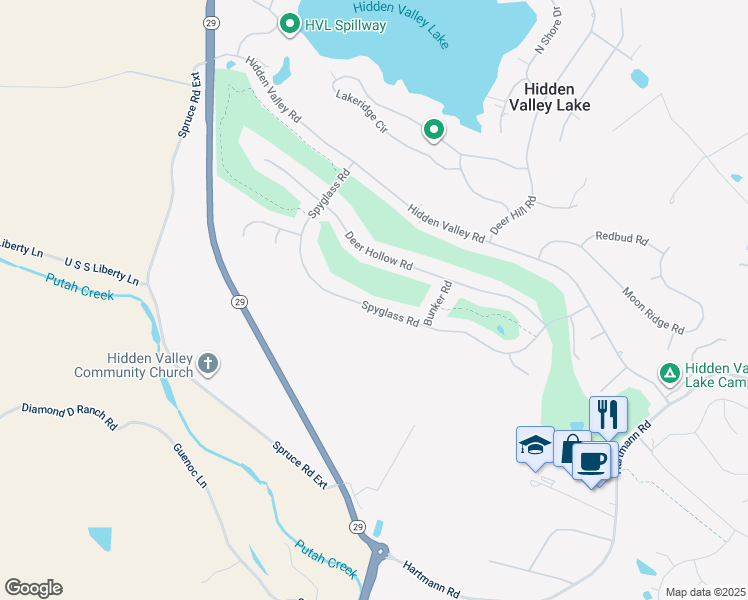 map of restaurants, bars, coffee shops, grocery stores, and more near 18482 Spyglass Road in Hidden Valley Lake