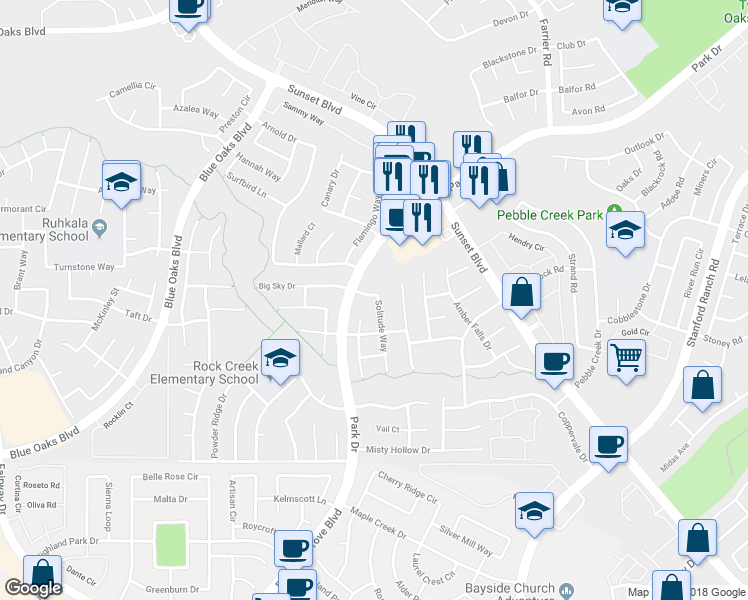 map of restaurants, bars, coffee shops, grocery stores, and more near 2206 Solitude Way in Rocklin