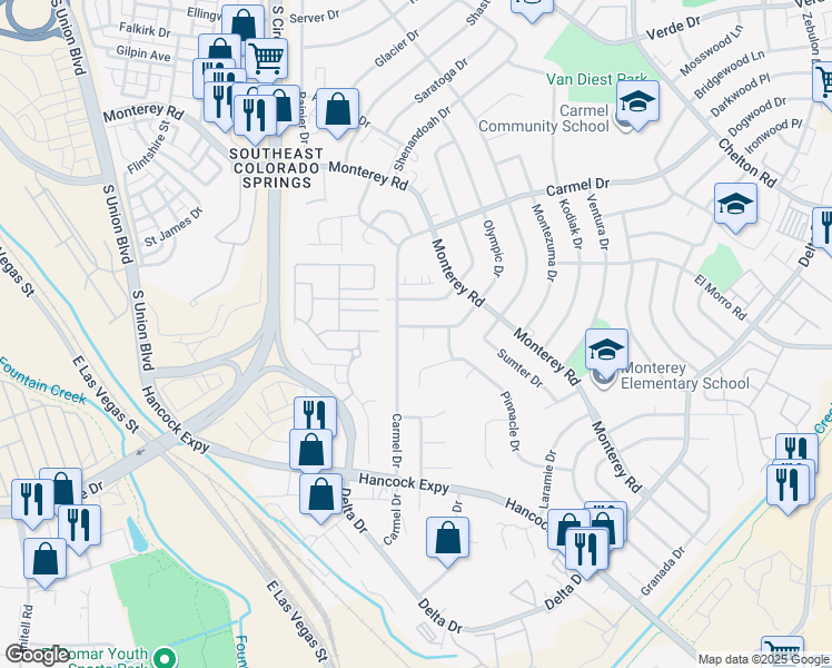 map of restaurants, bars, coffee shops, grocery stores, and more near 2129 Carmel Drive in Colorado Springs