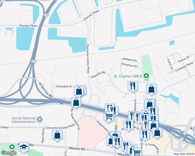 map of restaurants, bars, coffee shops, grocery stores, and more near 100 Turnberry Place in Saint Peters