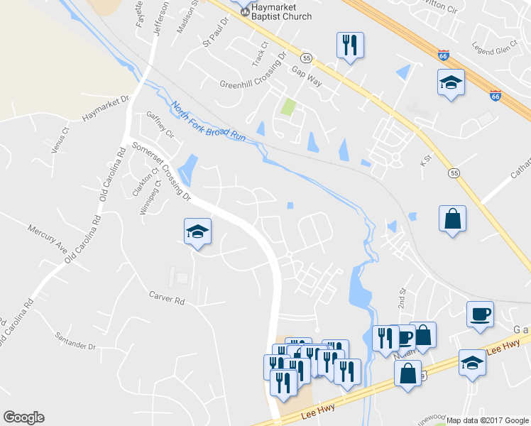 map of restaurants, bars, coffee shops, grocery stores, and more near 7207 Traphill Way in Gainesville