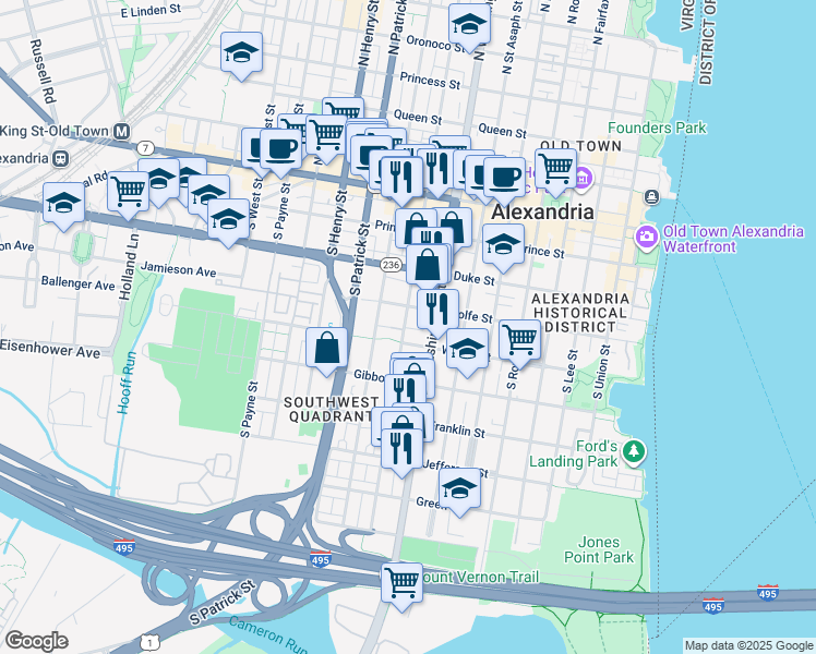 map of restaurants, bars, coffee shops, grocery stores, and more near 416 North Columbus Street in Alexandria