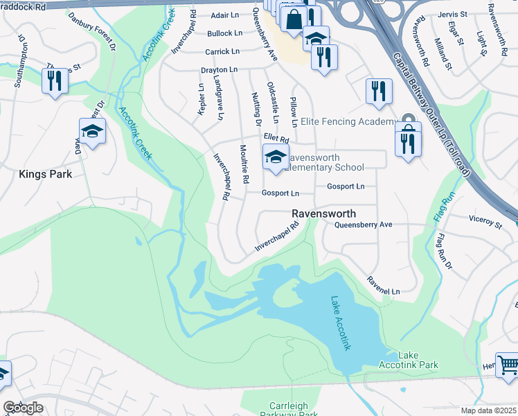map of restaurants, bars, coffee shops, grocery stores, and more near 8022 Hatteras Lane in Springfield