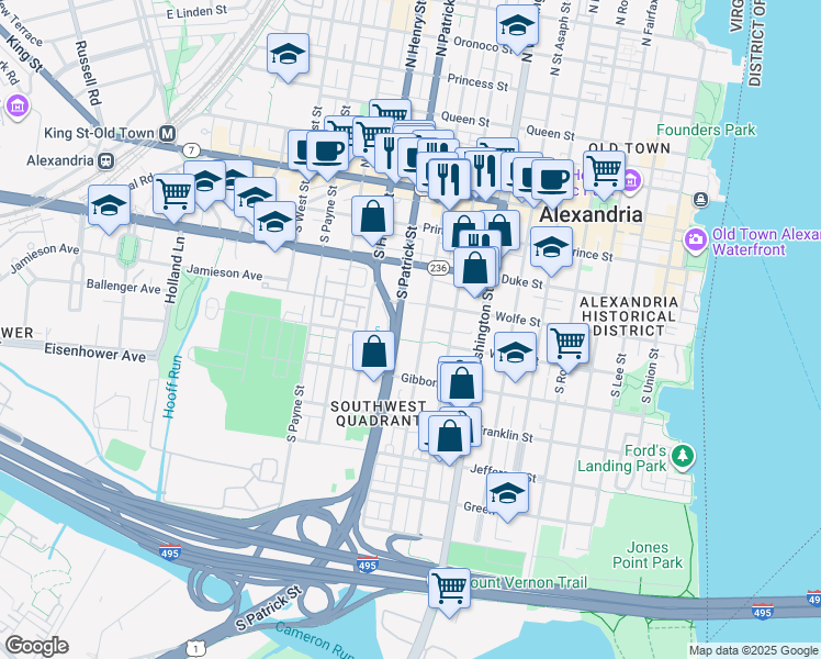 map of restaurants, bars, coffee shops, grocery stores, and more near 450 South Patrick Street in Alexandria