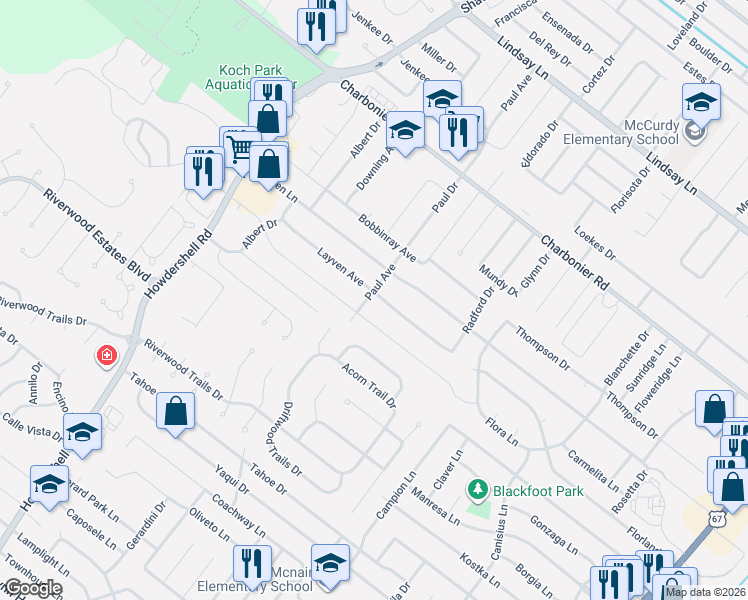 map of restaurants, bars, coffee shops, grocery stores, and more near 130 Paul Avenue in Florissant