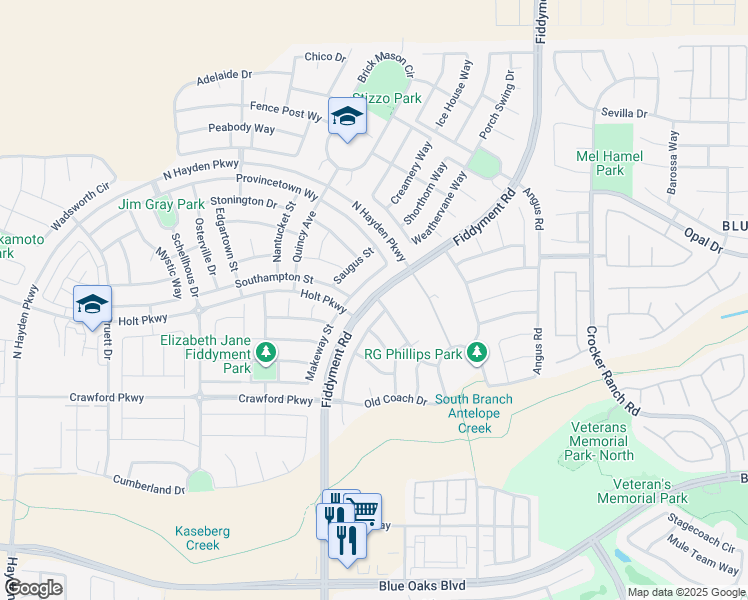 map of restaurants, bars, coffee shops, grocery stores, and more near Fiddyment Road in Roseville
