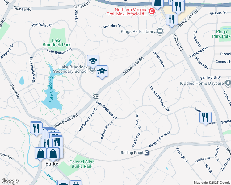 map of restaurants, bars, coffee shops, grocery stores, and more near 5556 Queen Victoria Court in Burke