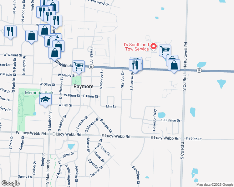 map of restaurants, bars, coffee shops, grocery stores, and more near 400 Sky Vue Drive in Raymore