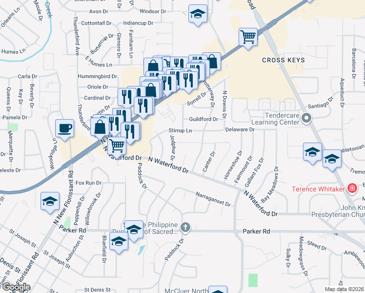 map of restaurants, bars, coffee shops, grocery stores, and more near 4 Winners Circle in Florissant
