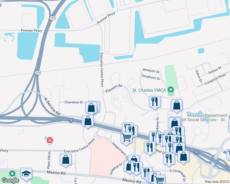 map of restaurants, bars, coffee shops, grocery stores, and more near 120 Turnberry Place in St. Peters