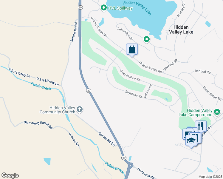 map of restaurants, bars, coffee shops, grocery stores, and more near 18329 Spyglass Road in Hidden Valley Lake
