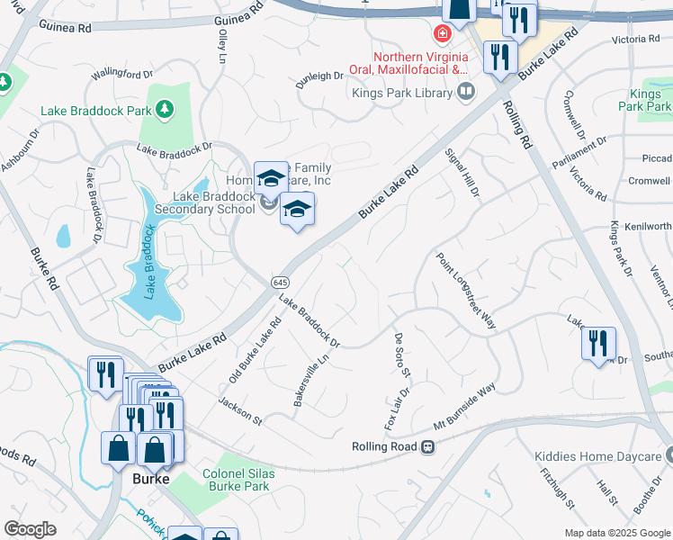 map of restaurants, bars, coffee shops, grocery stores, and more near 5556 Queen Victoria Court in Burke