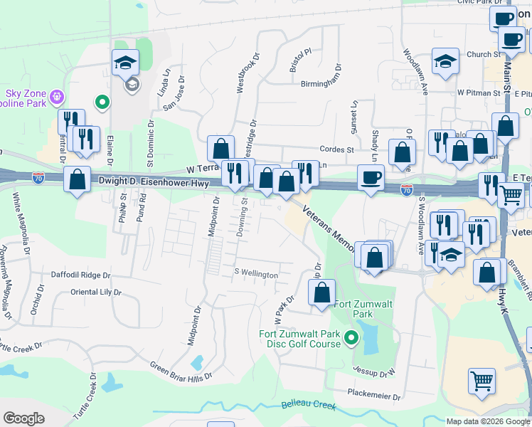 map of restaurants, bars, coffee shops, grocery stores, and more near 7 Chip Drive in O'Fallon
