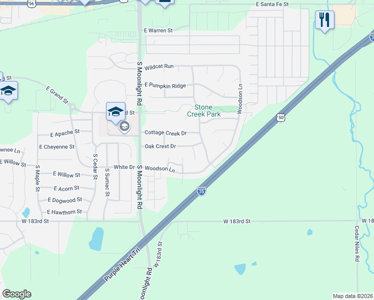 map of restaurants, bars, coffee shops, grocery stores, and more near 816 South Woodson Court in Gardner
