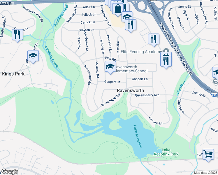 map of restaurants, bars, coffee shops, grocery stores, and more near 8016 Hatteras Lane in Springfield