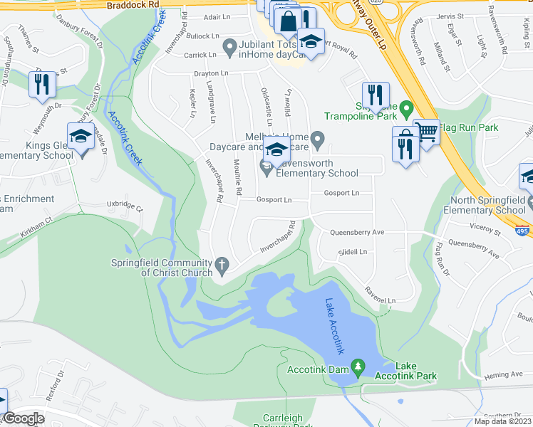 map of restaurants, bars, coffee shops, grocery stores, and more near 8016 Hatteras Lane in Springfield