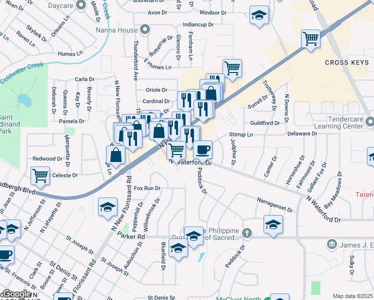 map of restaurants, bars, coffee shops, grocery stores, and more near 1 Paddock Hills Plaza Shopping Center in Florissant