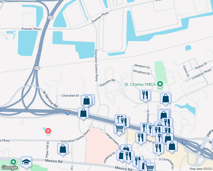 map of restaurants, bars, coffee shops, grocery stores, and more near 105 Turnberry Place in Saint Peters