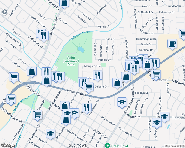 map of restaurants, bars, coffee shops, grocery stores, and more near 16 Saint Laurence Drive in Florissant