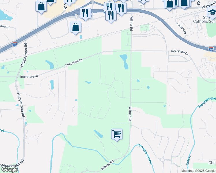 map of restaurants, bars, coffee shops, grocery stores, and more near 1165 Wilmer Road in Wentzville
