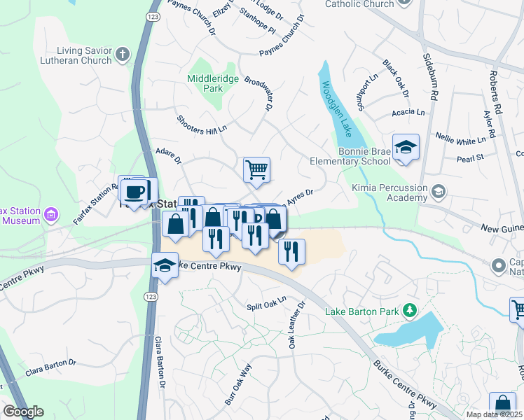 map of restaurants, bars, coffee shops, grocery stores, and more near 10628 John Ayres Drive in Fairfax