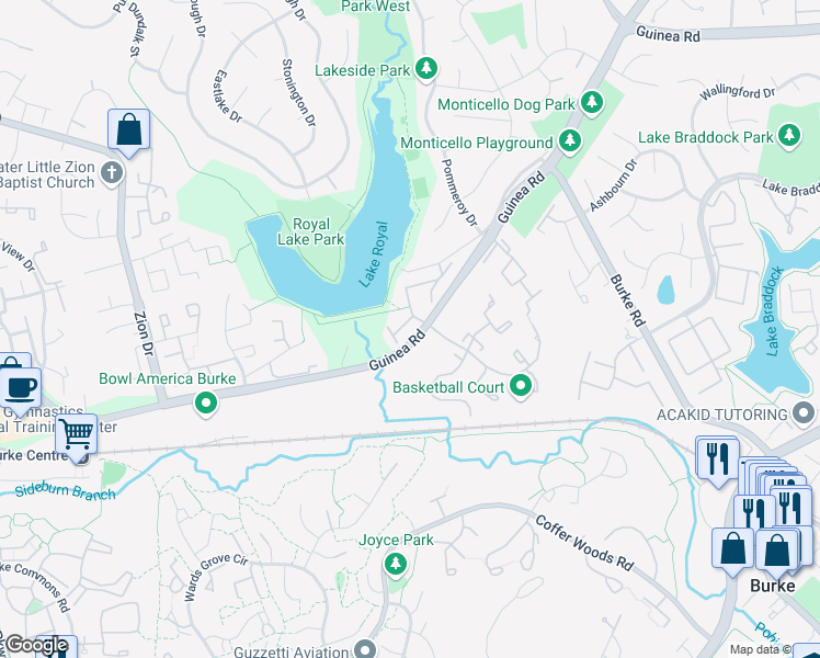 map of restaurants, bars, coffee shops, grocery stores, and more near 9911 Lakepointe Drive in Burke