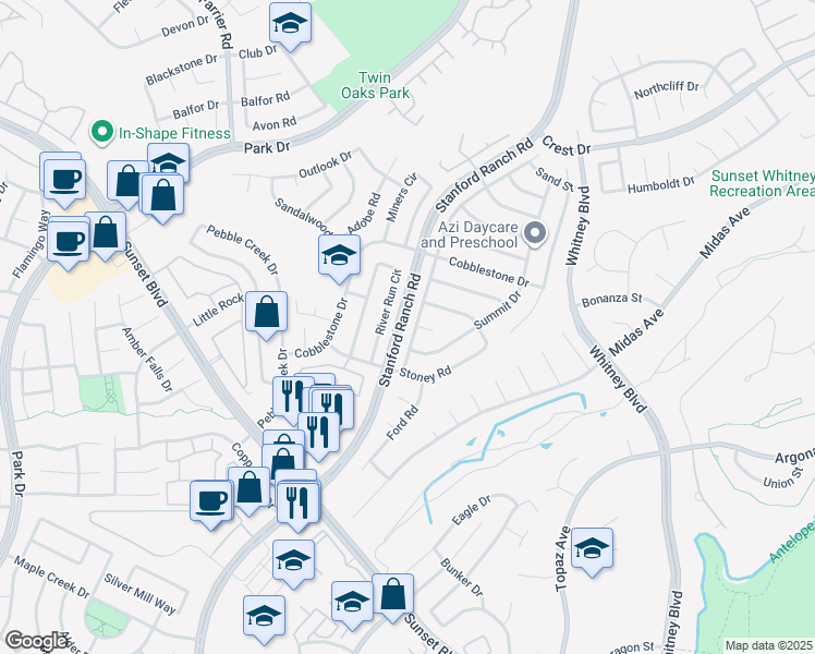 map of restaurants, bars, coffee shops, grocery stores, and more near 5724 River Run Circle in Rocklin