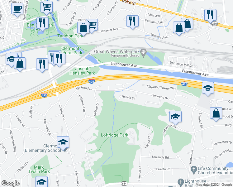 map of restaurants, bars, coffee shops, grocery stores, and more near 4017 Elmwood Drive in Alexandria