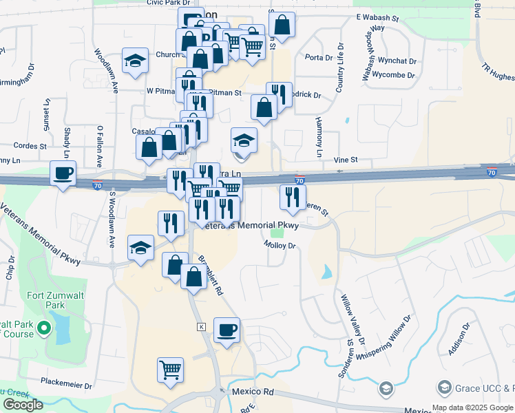 map of restaurants, bars, coffee shops, grocery stores, and more near 703 Plaza Drive in O'Fallon