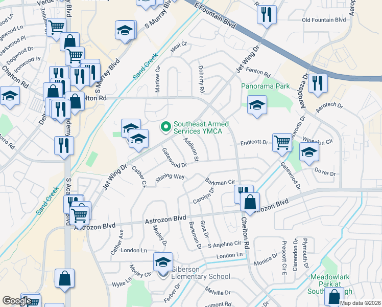 map of restaurants, bars, coffee shops, grocery stores, and more near 2070 Eddington Way in Colorado Springs