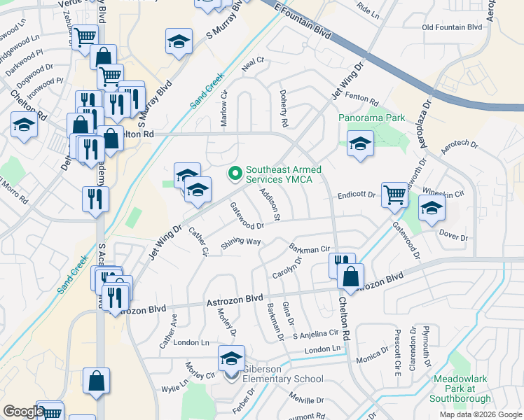 map of restaurants, bars, coffee shops, grocery stores, and more near 2125 Bainbridge Road in Colorado Springs
