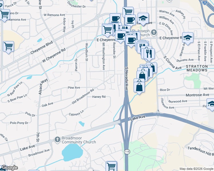 map of restaurants, bars, coffee shops, grocery stores, and more near 43 Old Broadmoor Road in Colorado Springs