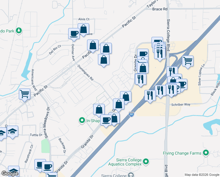 map of restaurants, bars, coffee shops, grocery stores, and more near 4731 Sweeney Circle in Rocklin