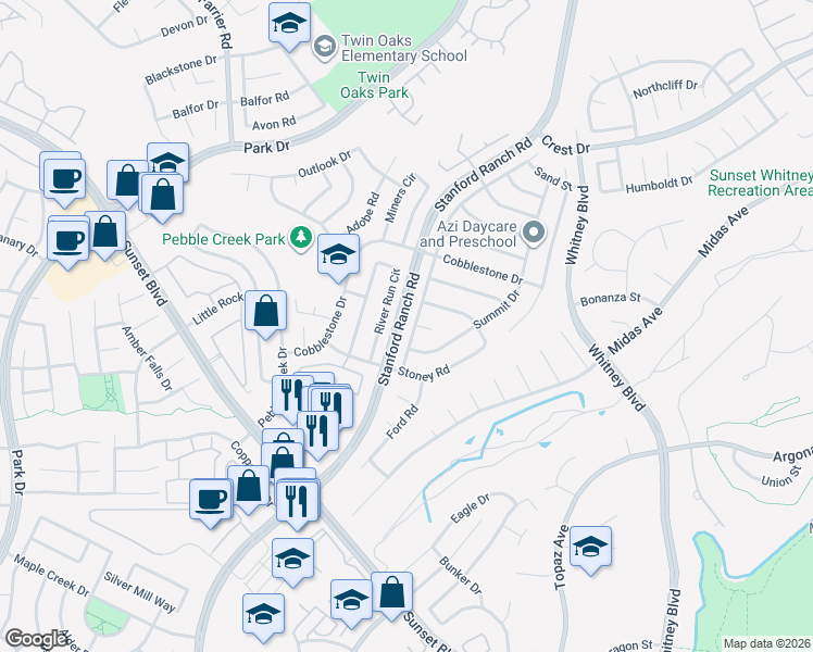 map of restaurants, bars, coffee shops, grocery stores, and more near 5724 River Run Circle in Rocklin