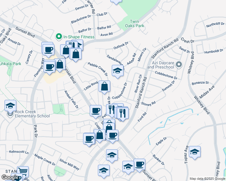 map of restaurants, bars, coffee shops, grocery stores, and more near 5855 Pebble Creek Drive in Rocklin
