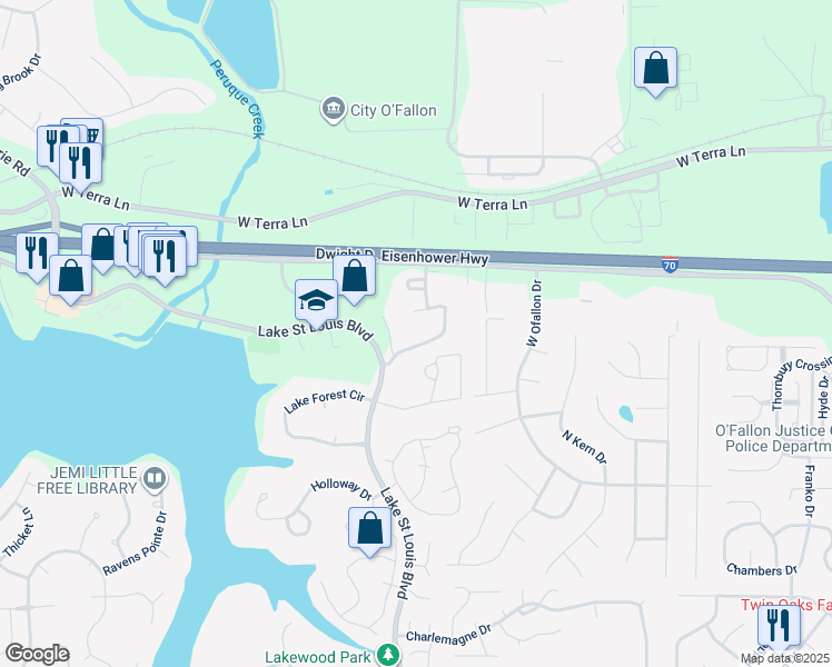 map of restaurants, bars, coffee shops, grocery stores, and more near 950 Bent Oak Drive in Lake Saint Louis