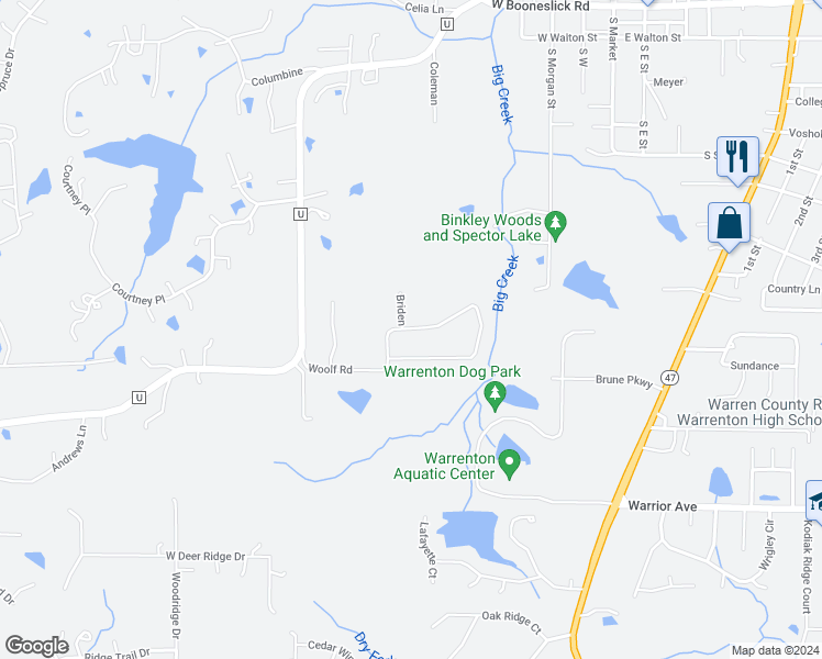 map of restaurants, bars, coffee shops, grocery stores, and more near 412 Briden in Warrenton