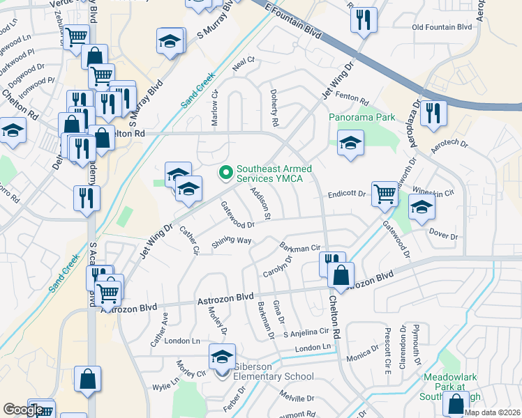 map of restaurants, bars, coffee shops, grocery stores, and more near 2070 Eddington Way in Colorado Springs
