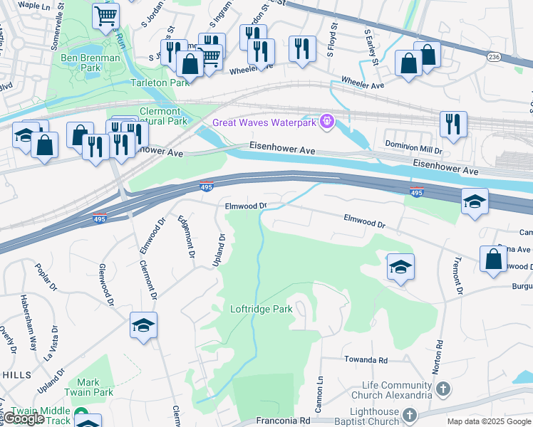 map of restaurants, bars, coffee shops, grocery stores, and more near 4017 Elmwood Drive in Alexandria