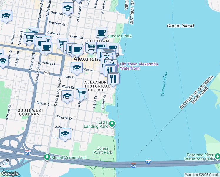 map of restaurants, bars, coffee shops, grocery stores, and more near 12 Pioneer Mill Way in Alexandria