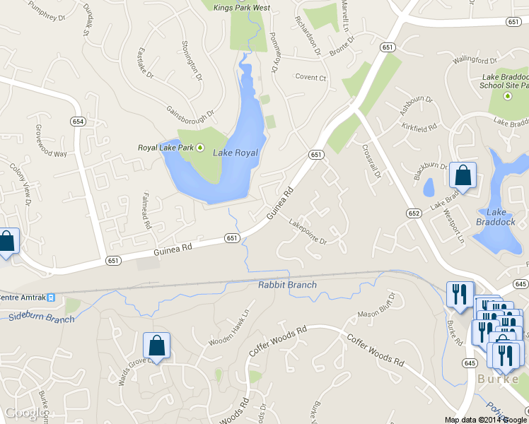 map of restaurants, bars, coffee shops, grocery stores, and more near 9909 Lakepointe Drive in Burke