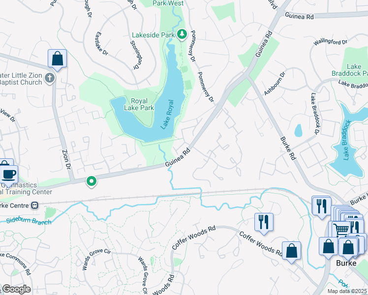 map of restaurants, bars, coffee shops, grocery stores, and more near 9909 Lakepointe Drive in Burke