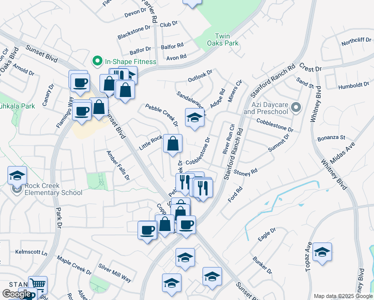 map of restaurants, bars, coffee shops, grocery stores, and more near 5855 Pebble Creek Drive in Rocklin