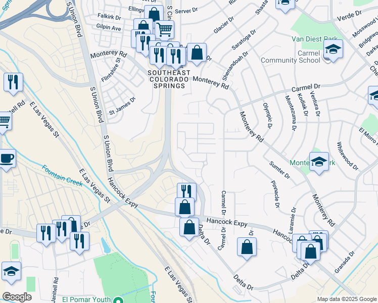 map of restaurants, bars, coffee shops, grocery stores, and more near 2664 Brooksedge View in Colorado Springs