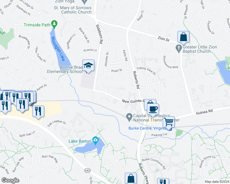 map of restaurants, bars, coffee shops, grocery stores, and more near 5504 Tobego Court in Fairfax