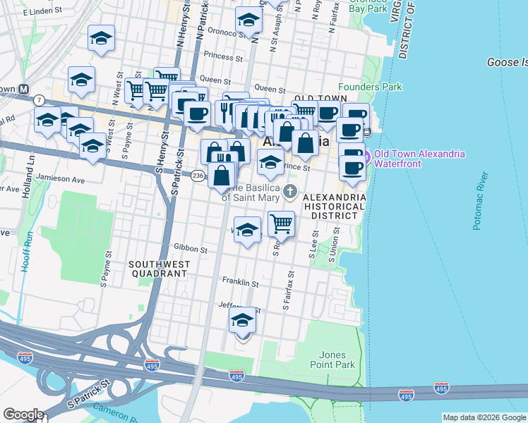 map of restaurants, bars, coffee shops, grocery stores, and more near Wolfe Street in Alexandria